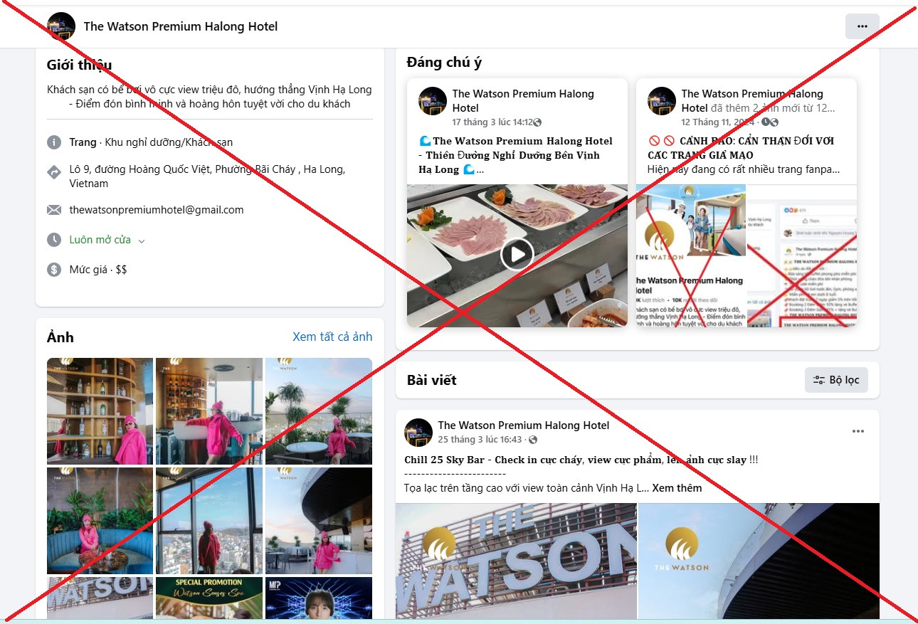 Fanpage giả mạo khách sạn trên mạng xã hội Facebook nhằm lừa đảo khách du lịch.