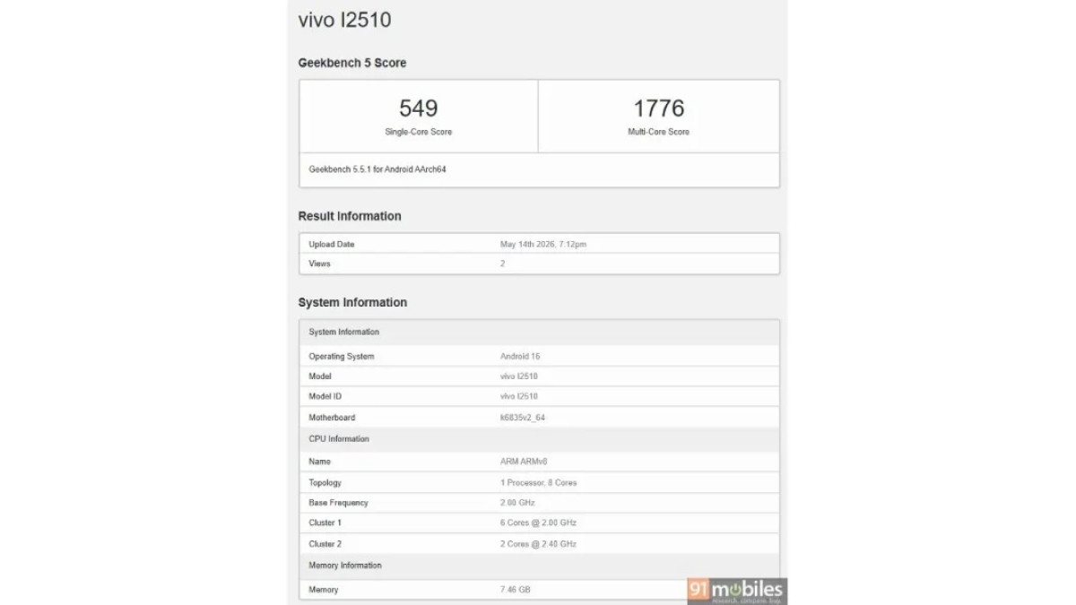 iQOO Z11 Lite đạt 549 điểm đơn nhân và 1,776 điểm đa nhân trên Geekbench