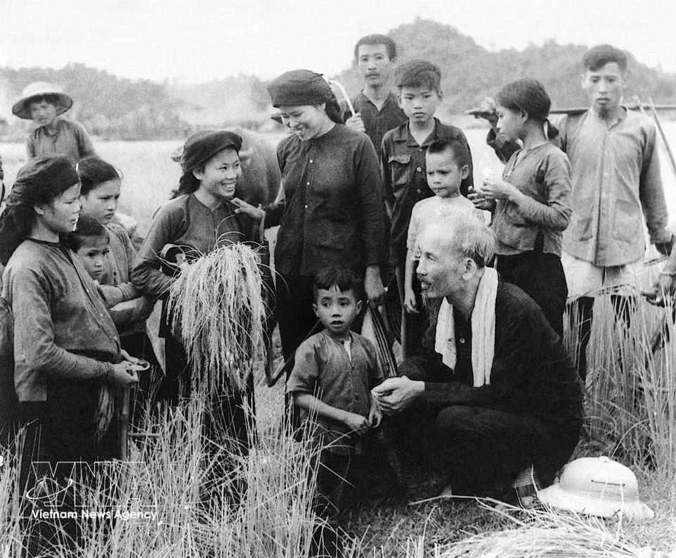 President Ho Chi Minh always took the initiative to meet and understand the thoughts and aspirations of the people. In the photo: President Ho Chi Minh visits farmers of Hung Son Cooperative in Dai Tu district, Thai Nguyen province, during the harvest season in 1954. (Photo: VNA)