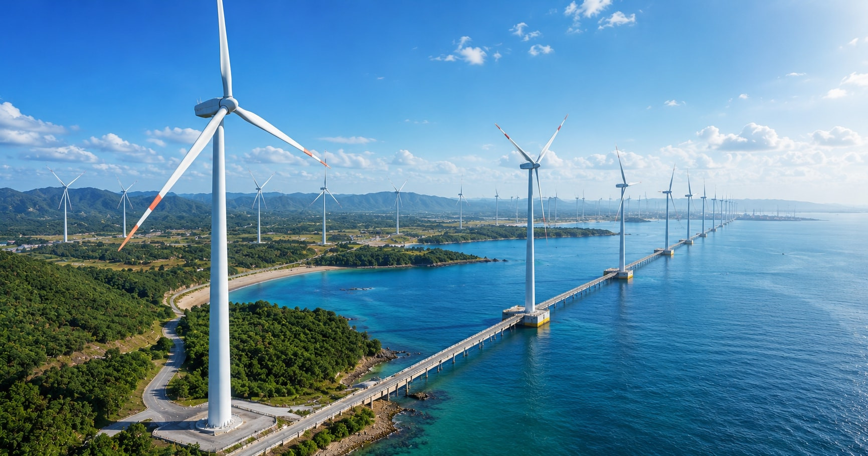 Các turbine điện gió tại khu vực ven biển đang góp phần thay đổi hạ tầng năng lượng miền Tây.