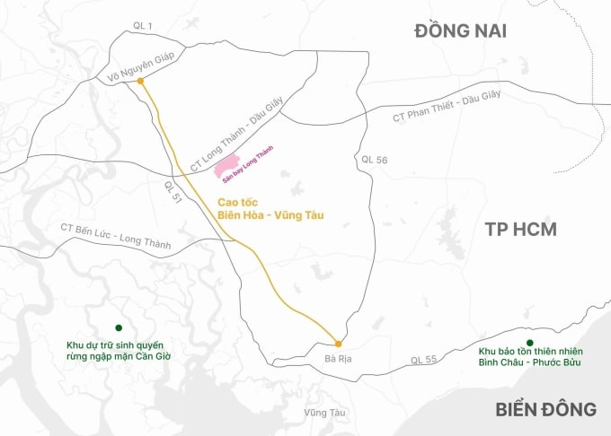 Bản đồ hướng tuyến cao tốc Biên Hòa - Vũng Tàu kết nối TP.HCM.