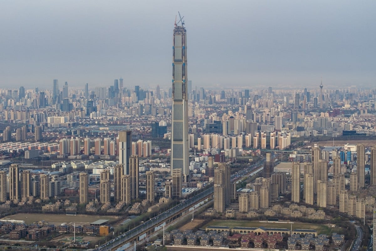 A panoramic view of the Goldin Finance 117 supertower, once the world's tallest abandoned building.