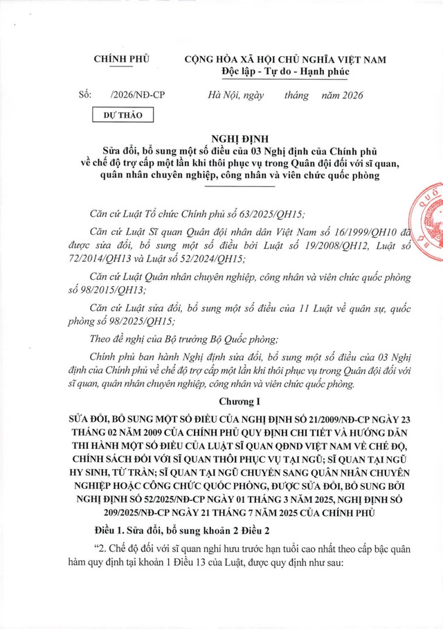 Dự thảo Nghị định về chế độ trợ cấp 1 lần khi thôi phục vụ trong Quân đội- Ảnh 1.