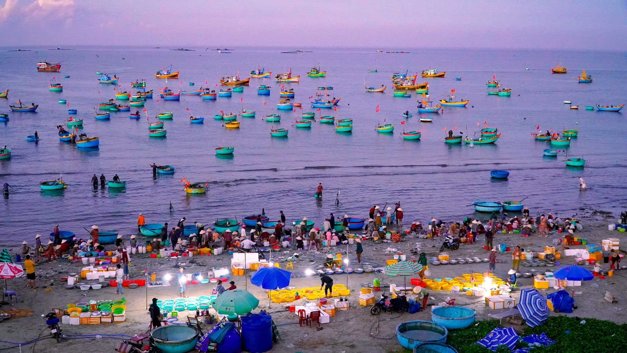 Dozens of fishing boats and basket boats cluster near the shore, creating a characteristic early-morning scene in Mui Ne
