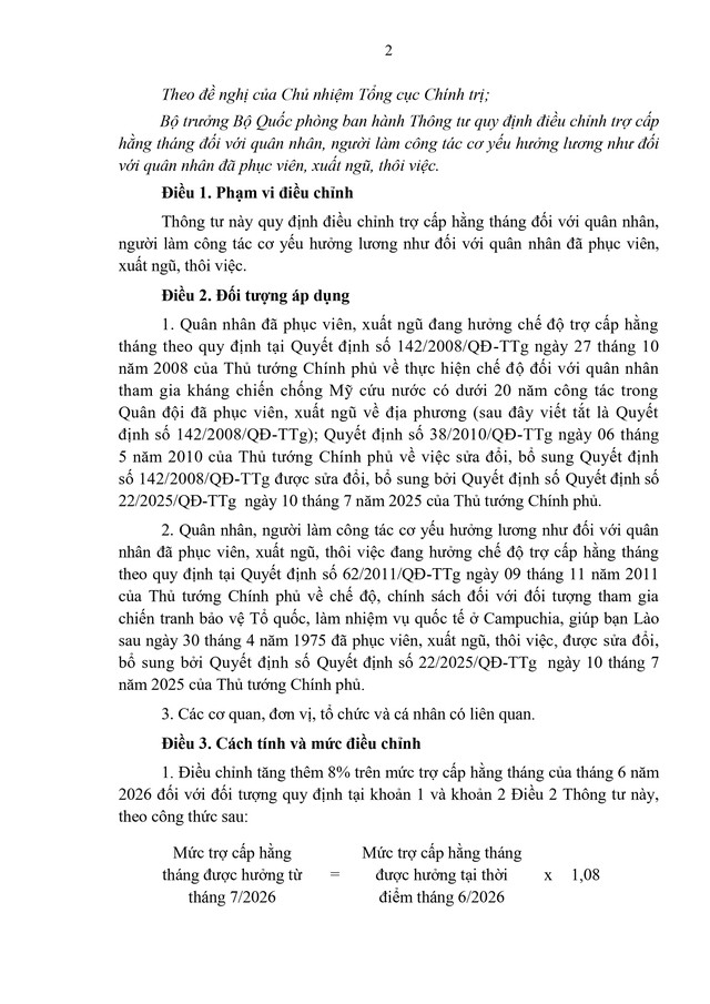 TOÀN VĂN: Dự thảo Thông tư điều chỉnh trợ cấp hằng tháng cho quân nhân, cơ yếu đã phục viên, xuất ngũ, thôi việc- Ảnh 2. TOÀN VĂN: Dự thảo Thông tư điều chỉnh trợ cấp hằng tháng cho quân nhân, cơ yếu đã phục viên, xuất ngũ, thôi việc- Ảnh 2.
