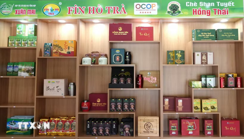 Các sản phẩm trà OCOP của tỉnh Tuyên Quang được trưng bày tại điểm giới thiệu sản phẩm. (Ảnh: Minh Tâm/TTXVN)