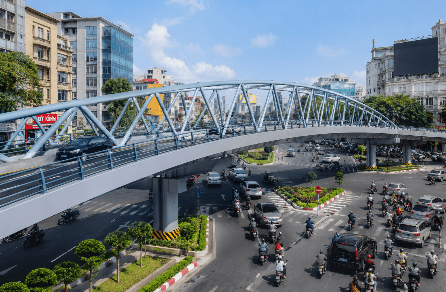 Hình ảnh minh họa một cây cầu vượt thép tại TP.HCM với thiết kế hiện đại phục vụ làn xe hỗn hợp.