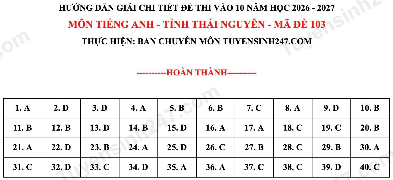 Đáp án đề thi vào lớp 10 môn Tiếng Anh Link vào Thái Nguyên năm 2026