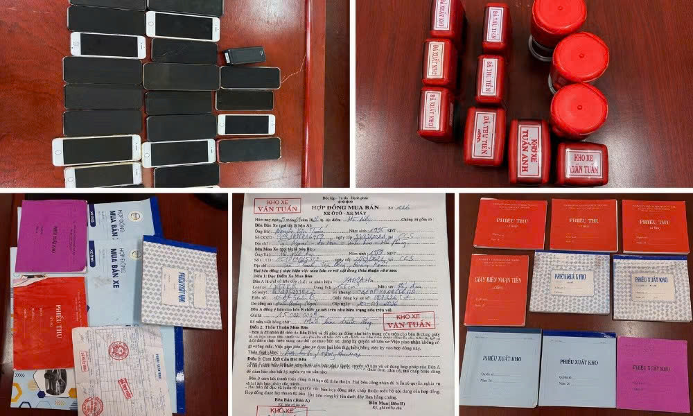 Tang vật vụ án gồm điện thoại, máy tính và con dấu giả