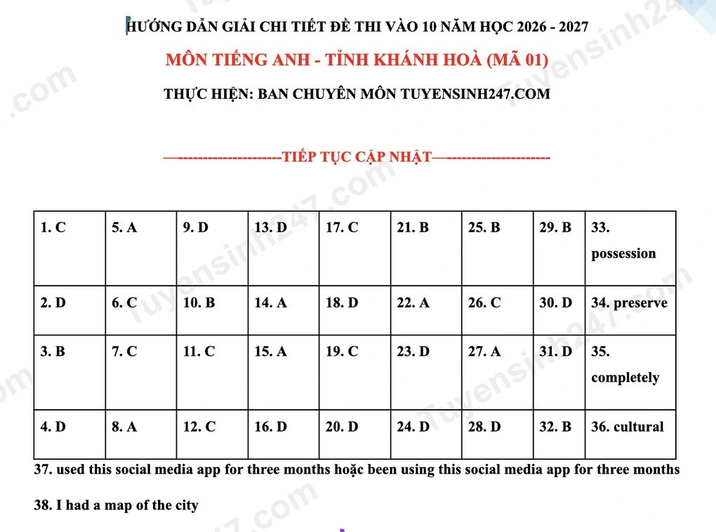 Đáp án đề thi vào lớp 10 môn tiếng Anh tỉnh Khánh Hòa năm 2026