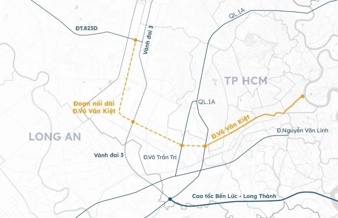 Vị trí và hướng tuyến dự kiến kéo dài đại lộ Võ Văn Kiệt