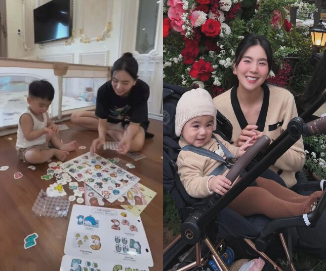 MC Mai Ngọc cùng con trai chơi đồ chơi giáo dục thay vì xem điện thoại.