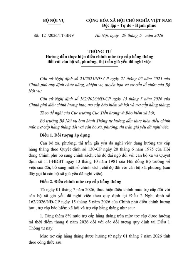 TOÀN VĂN: Thông tư 12/2026/TT-BNV hướng dẫn điều chỉnh mức trợ cấp hằng tháng với cán bộ xã già yếu đã nghỉ việc- Ảnh 1.