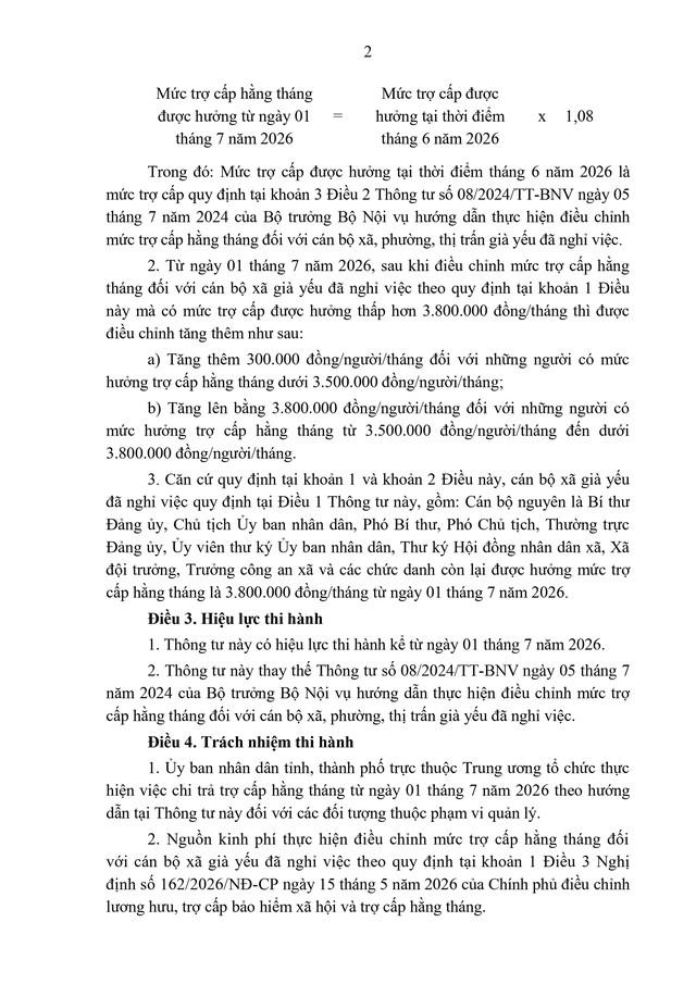 TOÀN VĂN: Thông tư 12/2026/TT-BNV hướng dẫn điều chỉnh mức trợ cấp hằng tháng với cán bộ xã già yếu đã nghỉ việc- Ảnh 2.