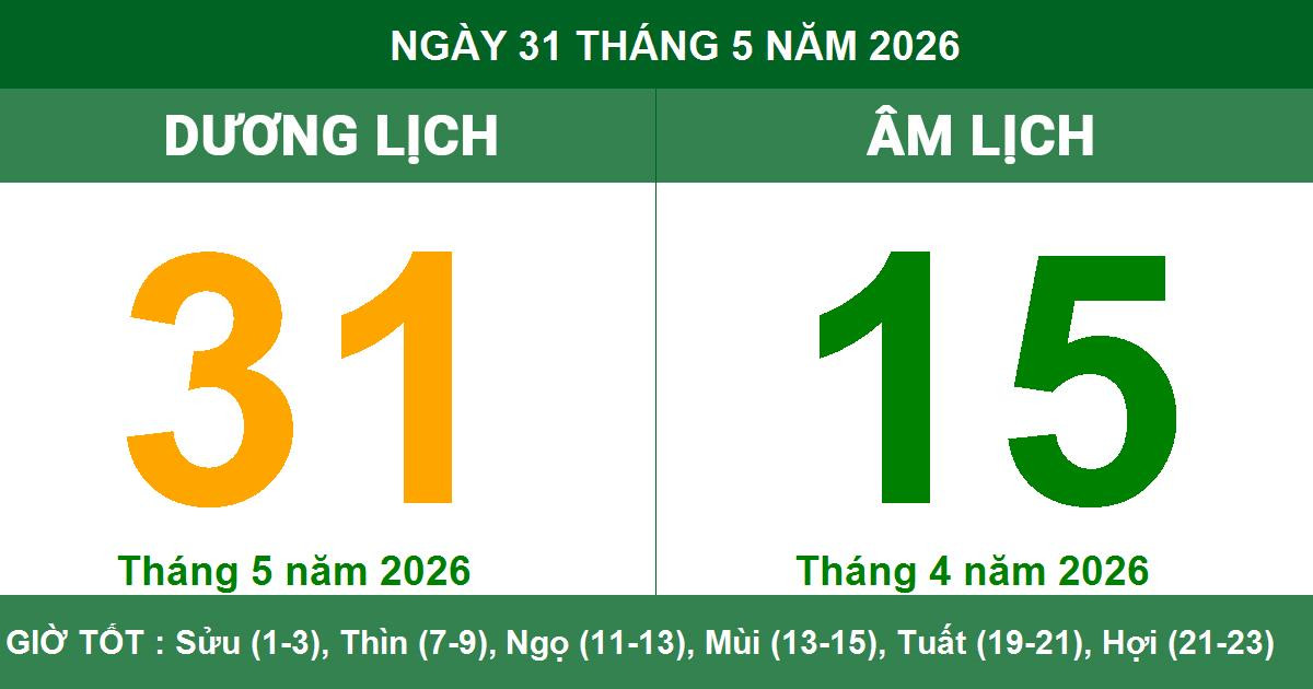 Lịch Âm Dương ngày 31/5/2026: Ngày Tiểu Cát với nhiều lưu ý quan trọng