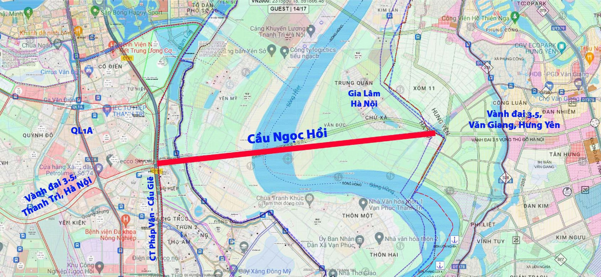 Bản đồ vị trí dự án cầu Ngọc Hồi kết nối Hà Nội và Hưng Yên
