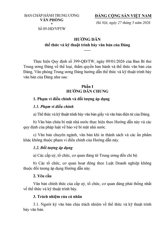 Hướng dẫn số 05-HD/VPTW về thể thức và kỹ thuật trình bày văn bản của Đảng- Ảnh 1.