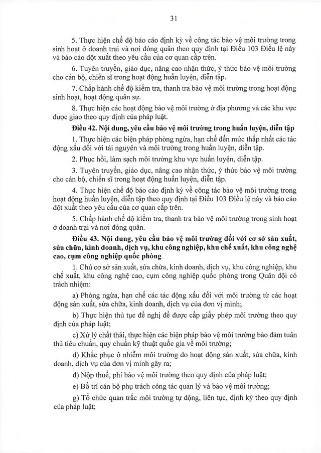 Thông tư ban hành Điều lệ Công tác bảo vệ môi trường của Quân đội nhân dân Việt Nam- Ảnh 34.