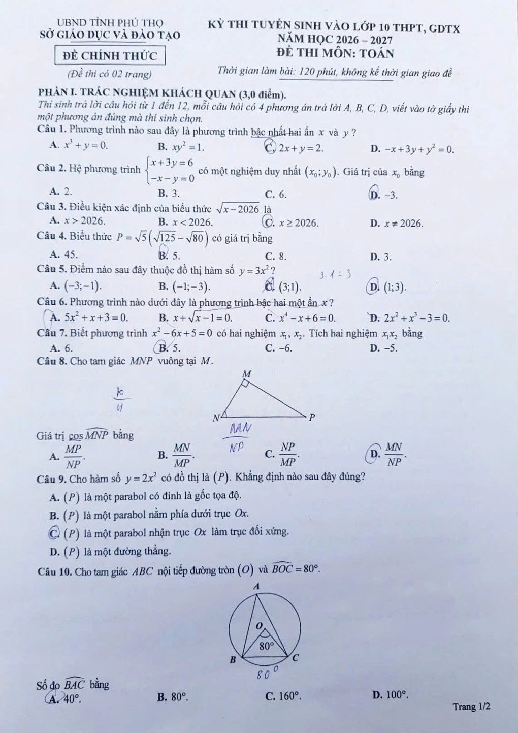 Đề thi vào 10 môn Toán tại Phú Thọ