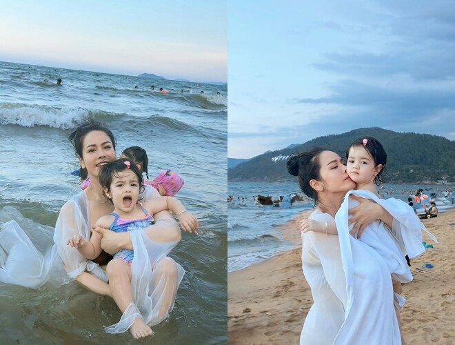 Nhật Kim Anh đưa con gái Julia lần đầu đi tắm biển