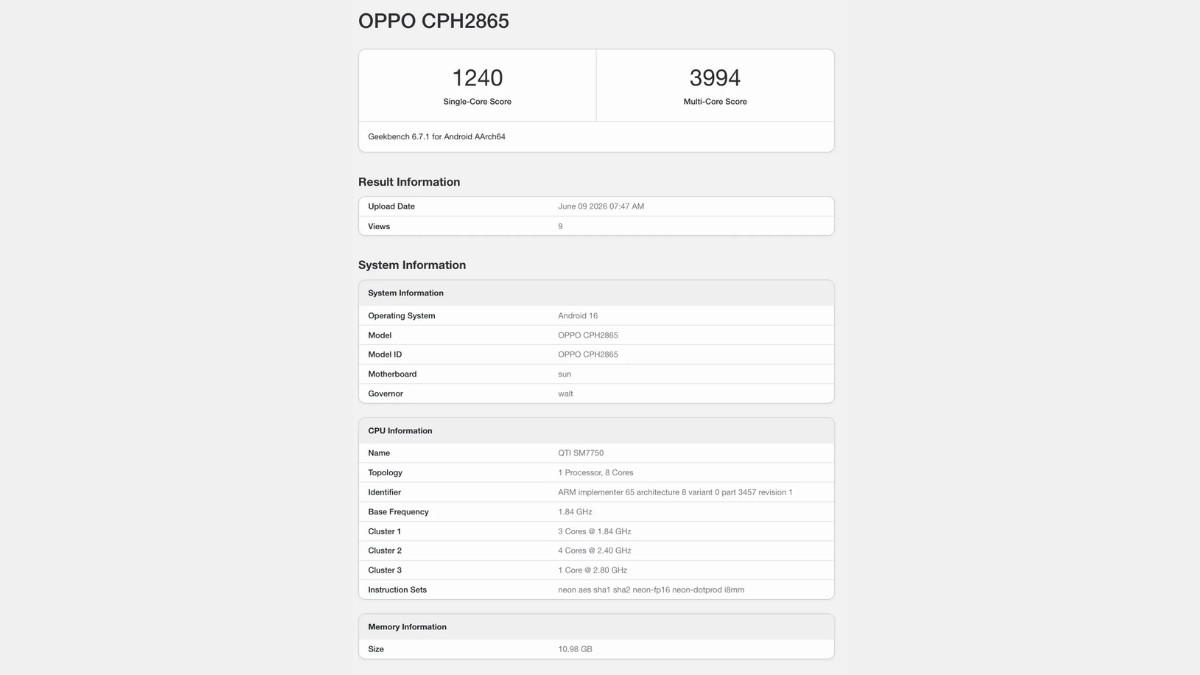 Điểm geekbench rò rỉ được cho là của phiên bản OPPO Reno 16 quốc tế