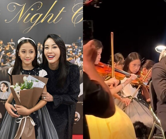 Bé Viann, con gái Hoa hậu Hà Kiều Anh, biểu diễn violin trong dàn nhạc giao hưởng của trường.