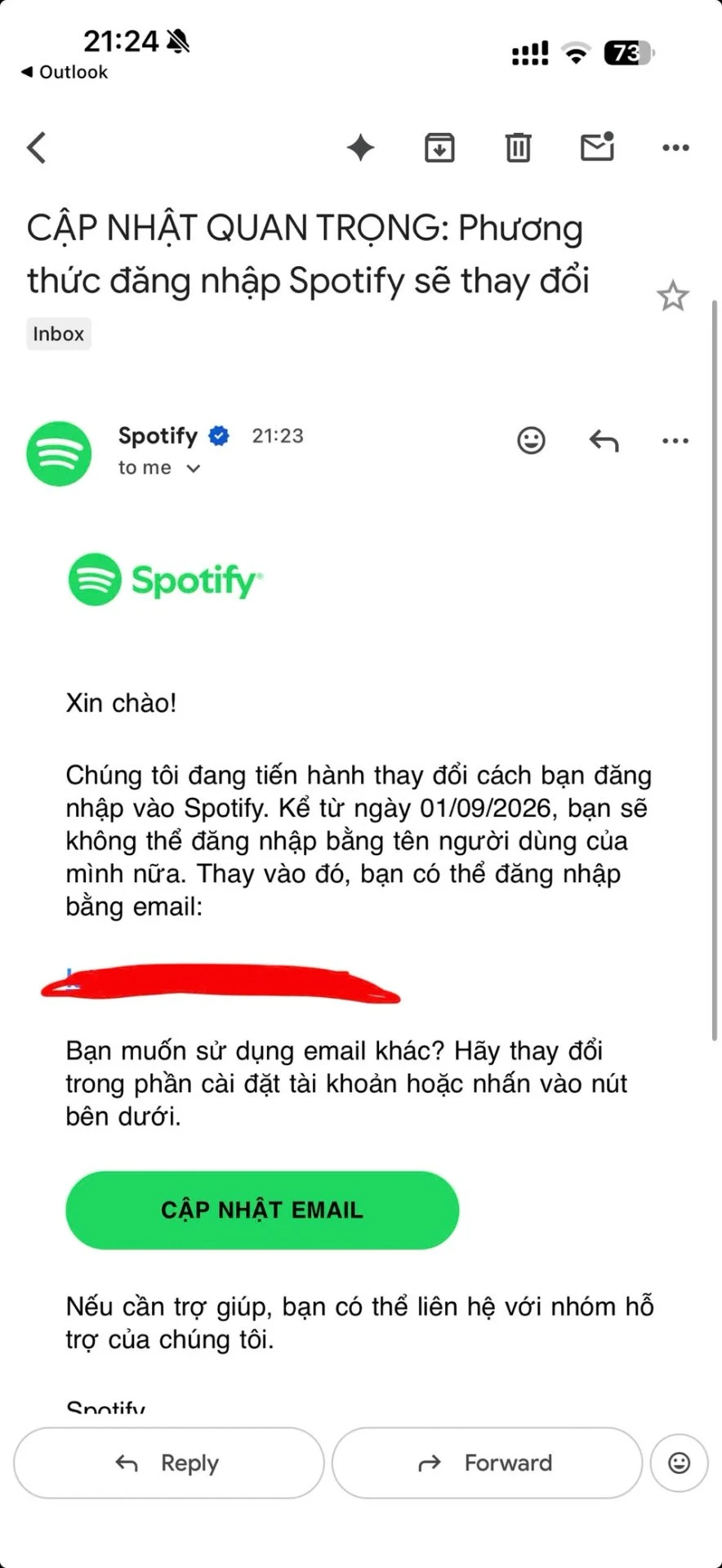 Email thông báo từ Spotify gửi đến người dùng