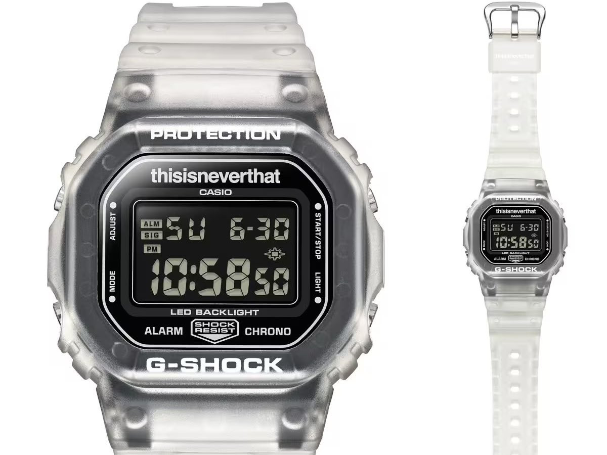 Mặt trước của Casio G-Shock DW-5600TNT-7 với màn hình ngược và vành bezel trong suốt.