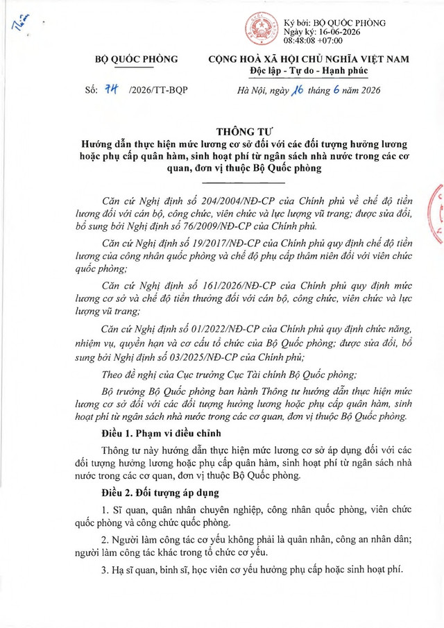 TOÀN VĂN: Thông tư 74/2026/TT-BQP hướng dẫn thực hiện mức lưong cơ sở trong Quân đội- Ảnh 1.