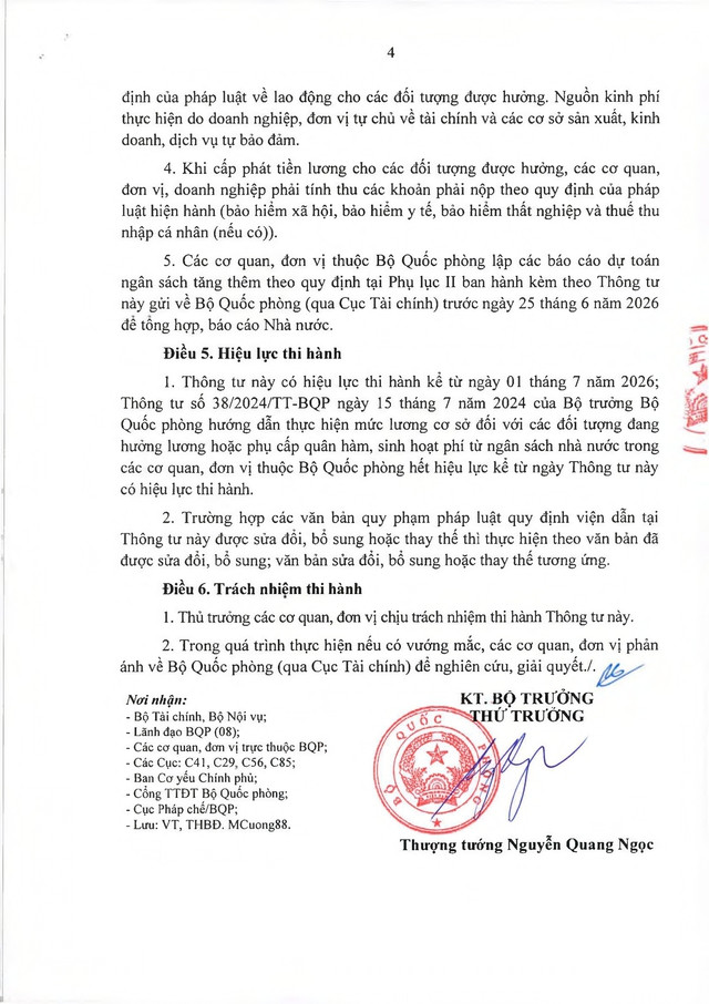 TOÀN VĂN: Thông tư 74/2026/TT-BQP hướng dẫn thực hiện mức lưong cơ sở trong Quân đội- Ảnh 4.