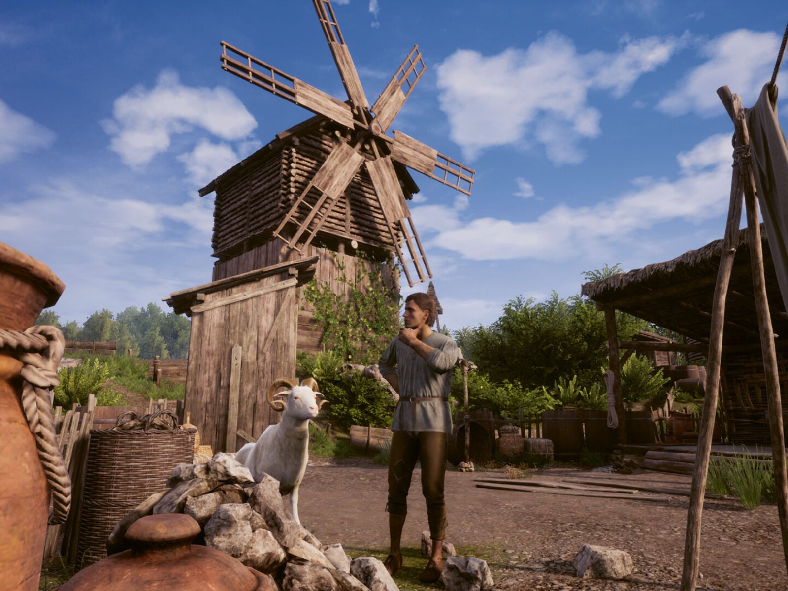 Hình ảnh một nông dân và cối xay gió trong game Medieval Dynasty.