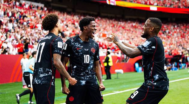 Tiền đạo Jonathan David ăn mừng bàn thắng trong trận gặp Qatar tại World Cup 2026.