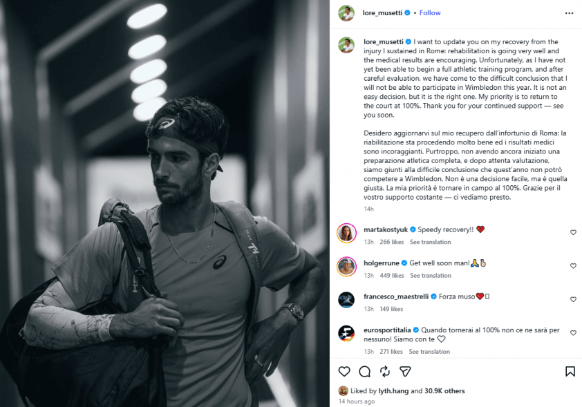 Lorenzo Musetti thông báo rút lui khỏi Wimbledon 2026 trên Instagram cá nhân