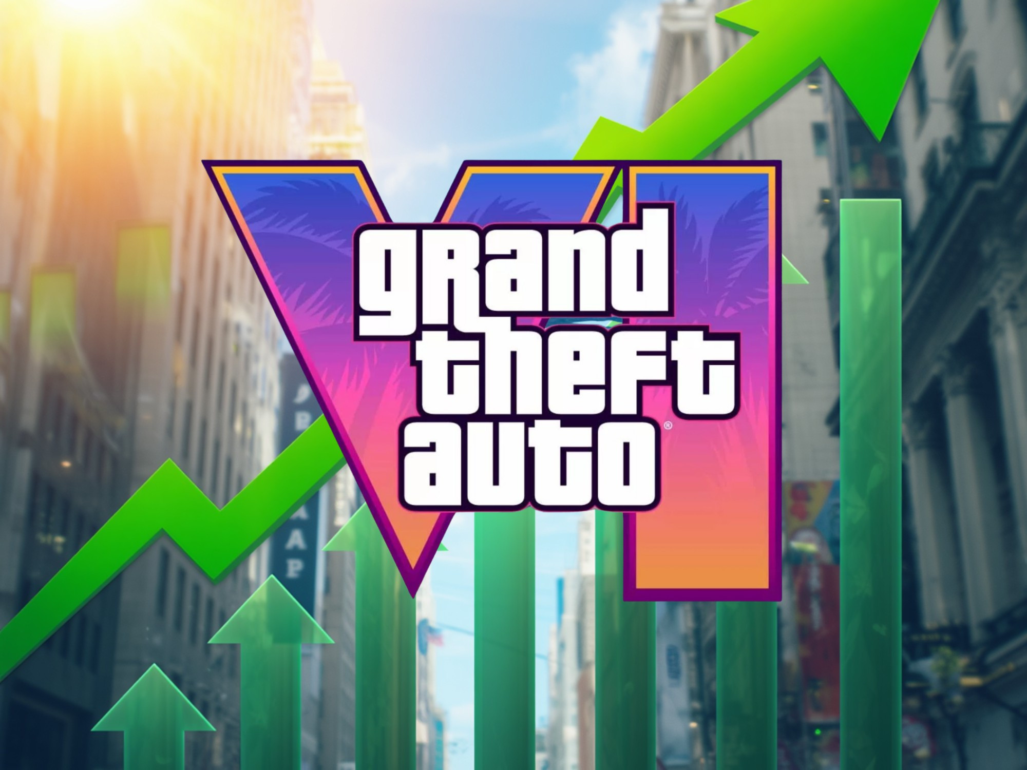 Logo GTA 6 và bảng điện tử cổ phiếu Take-Two Interactive