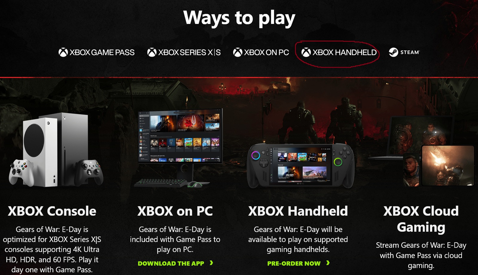 Ảnh chụp màn hình logo Xbox Handheld trên trang web Gears of War: E-Day