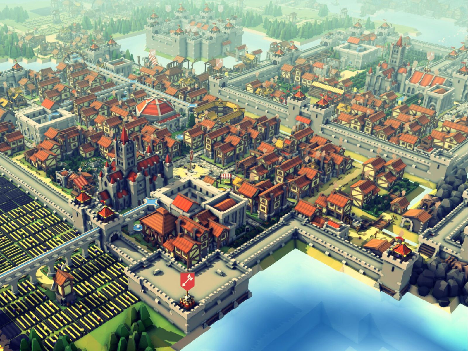 Hình ảnh một thành phố với nhiều tòa nhà trong game Kingdoms and Castles.