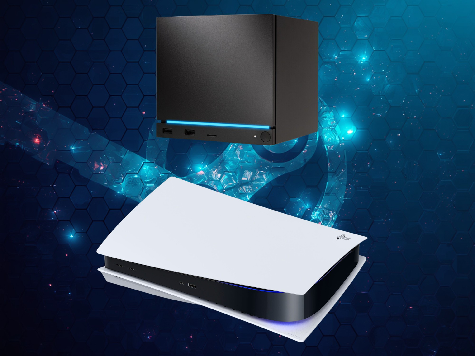 Steam Machine đặt phía trên máy chơi game PS5