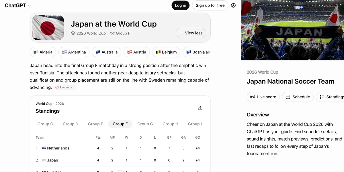 Giao diện trang chuyên biệt dành cho World Cup 2026 trên ChatGPT giúp người dùng theo dõi tin tức và bảng xếp hạng.