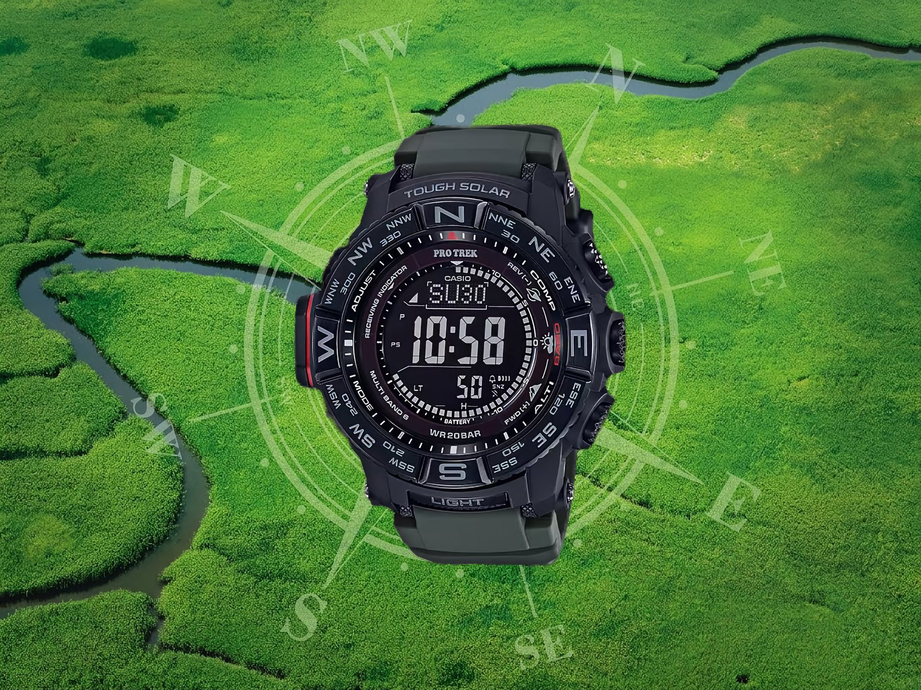 Casio Pro Trek PRW-3510Y-8 outdoor watch with a black case and olive-green silicon strap