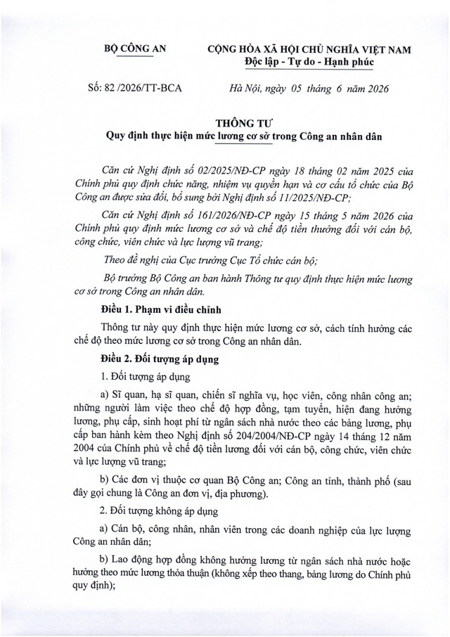 TOÀN VĂN: Thông tư 82/2026/TT-BCA quy định thực hiện mức lương cơ sở trong Công an nhân dân- Ảnh 1.
