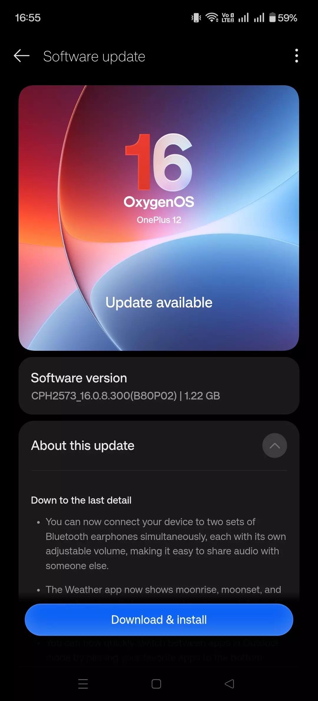 Màn hình cập nhật phần mềm OnePlus 12 hiển thị bản cập nhật OxygenOS 16.0.8.300.