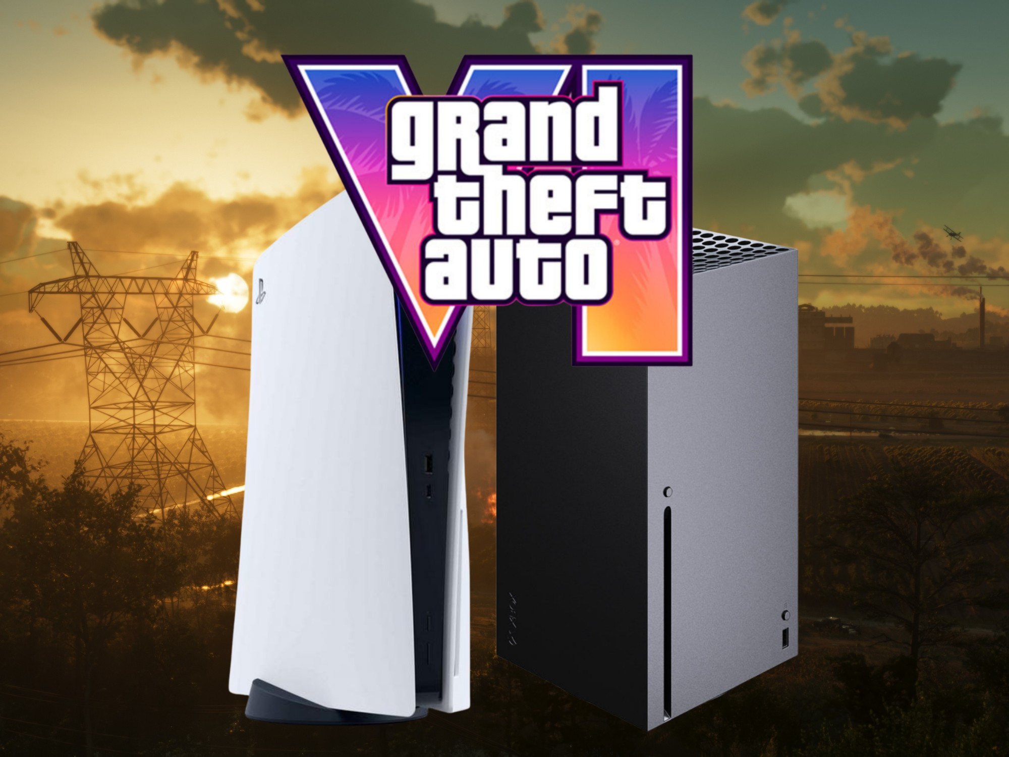 Logo GTA 6 cùng máy chơi game PS5 và Xbox