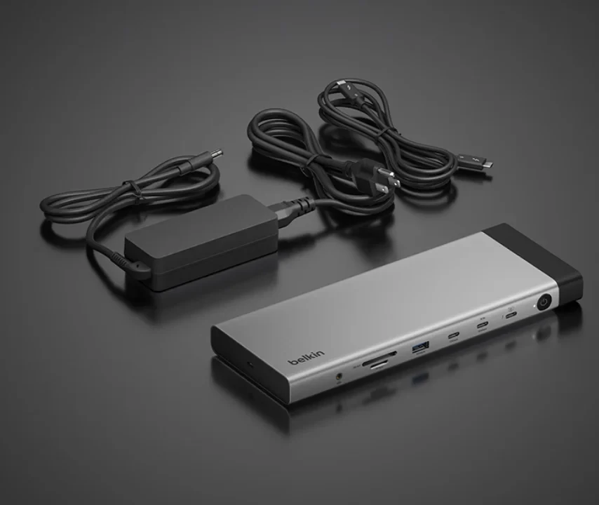 Cận cảnh các cổng kết nối phía sau của dock Belkin Thunderbolt 5.