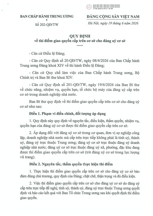 Quy định số 202-QĐ/TW: Ban Bí thư thí điểm giao quyền cấp trên cơ sở cho đảng ủy cơ sở- Ảnh 1.