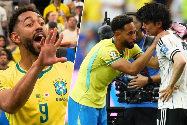 Matheus Cunha giơ 5 ngón tay ám chỉ 5 chức vô địch World Cup của Brazil sau trận đấu với Nhật Bản