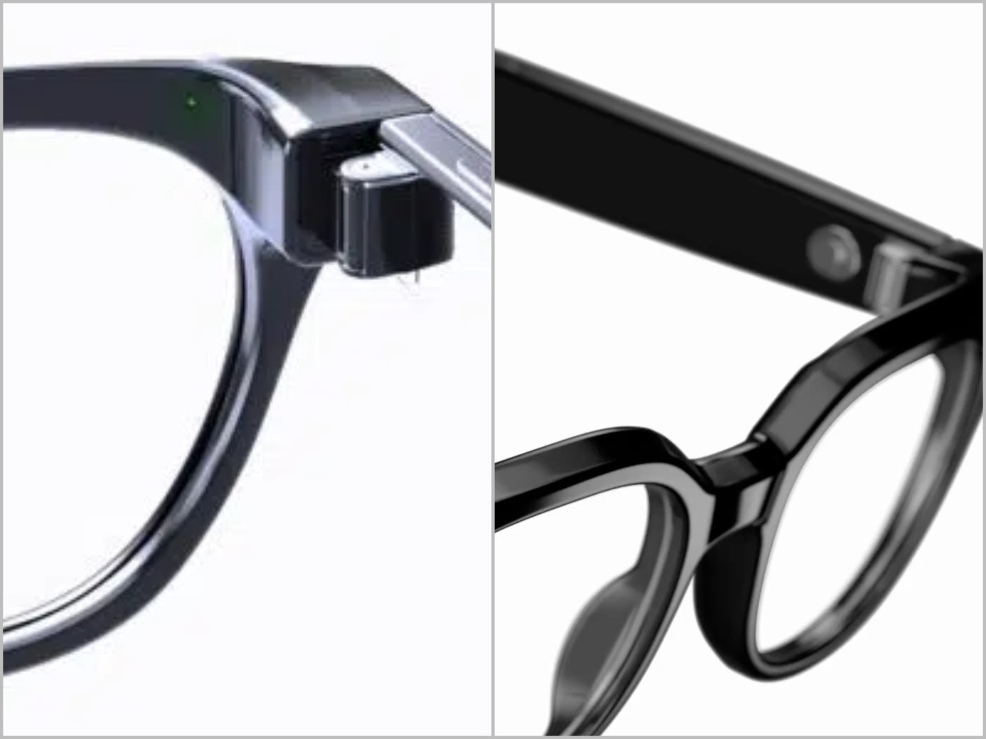 Đèn chỉ báo LED bên trong gọng kính và cận cảnh thiết kế Galaxy Glasses phiên bản Warby Parker.