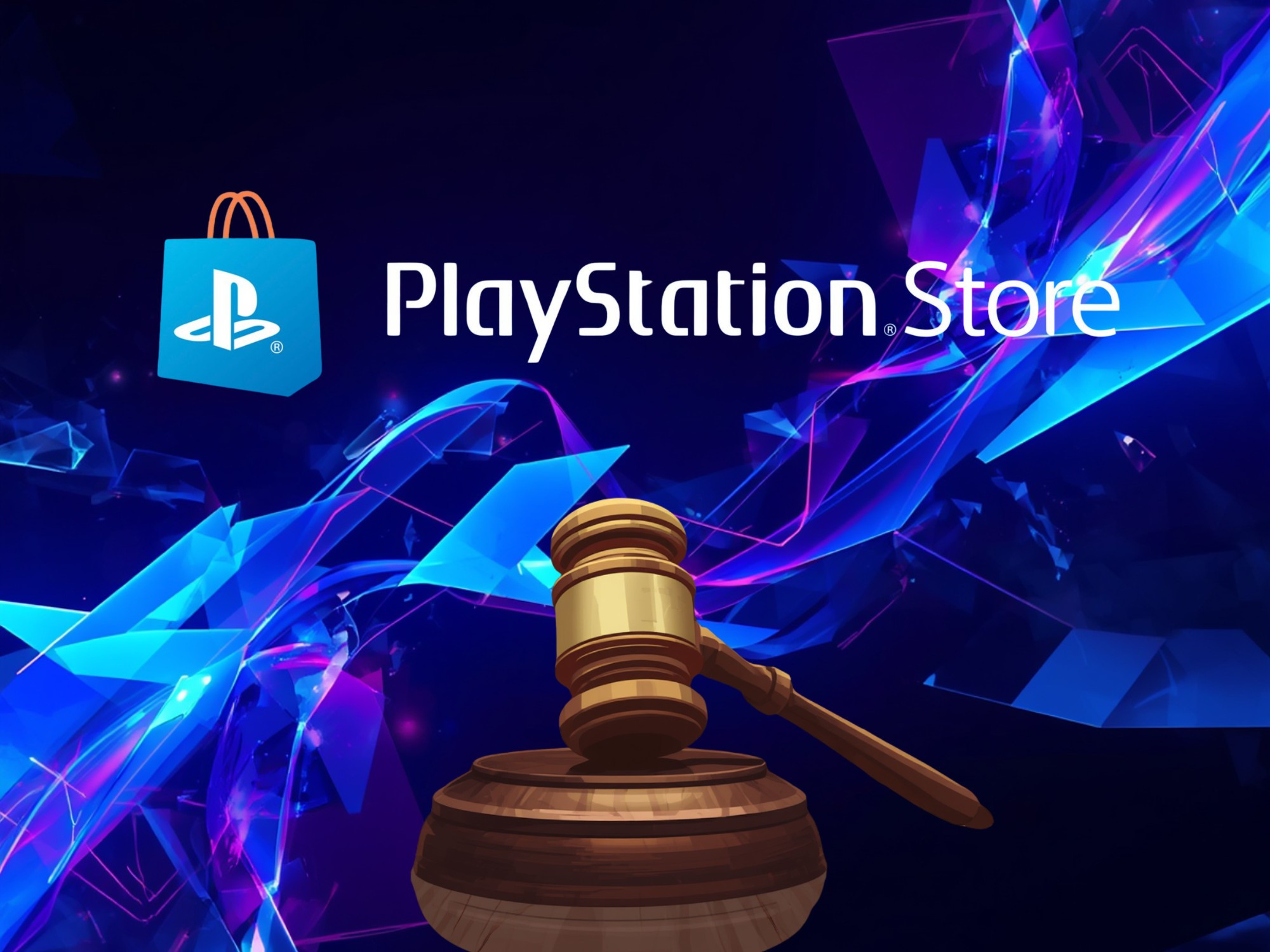 Hình ảnh minh họa các vụ kiện pháp lý nhắm vào PlayStation Store với biểu tượng búa thẩm phán