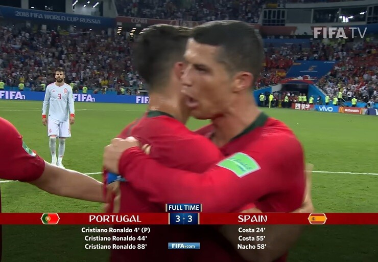 Ronaldo marcou um hat-trick contra a Espanha na fase de grupos da Copa do Mundo de 2018.