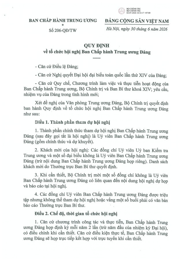 Quy định số 206-QĐ/TW của Bộ Chính trị về tổ chức Hội nghị Ban Chấp hành Trung ương Đảng- Ảnh 1.