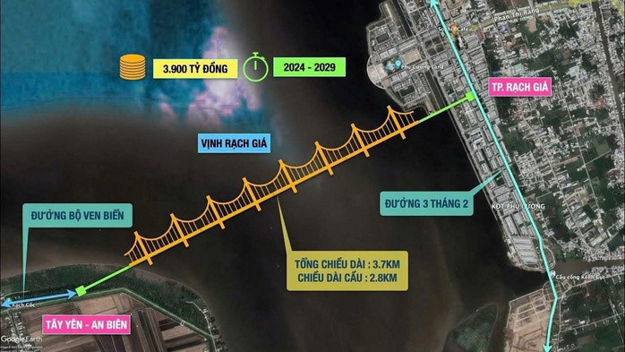 Sơ đồ vị trí triển khai xây dựng dự án cầu vượt vịnh Rạch Giá.